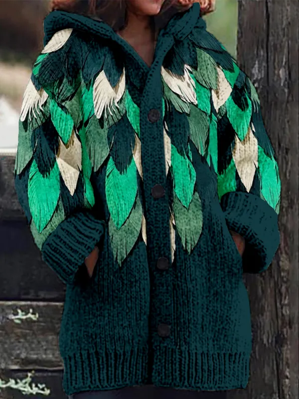 Western Fringe Feather Art Cozy Hooded Cardigan