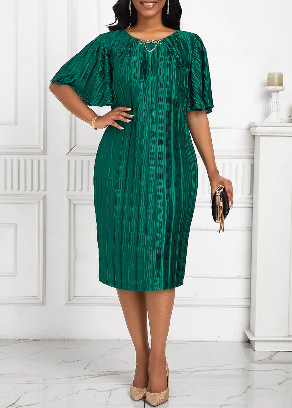 Pleated Round Neck Short Sleeve Green Bodycon Dress