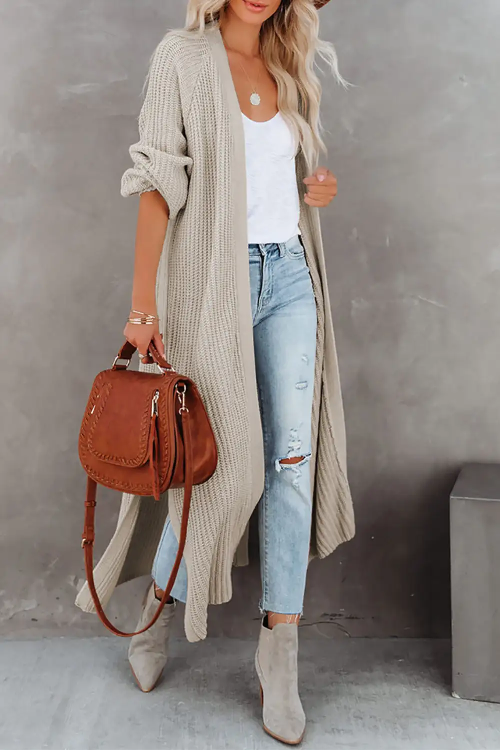 Open Front Side Slit Duster Knit Cardigan