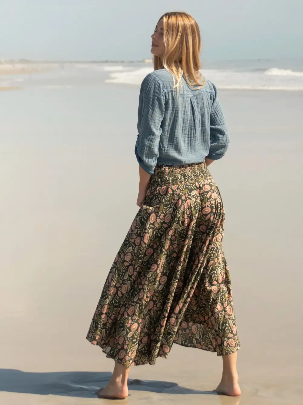 Wanderlust Palazzo Pant - Dark Green Pink Floral Vines