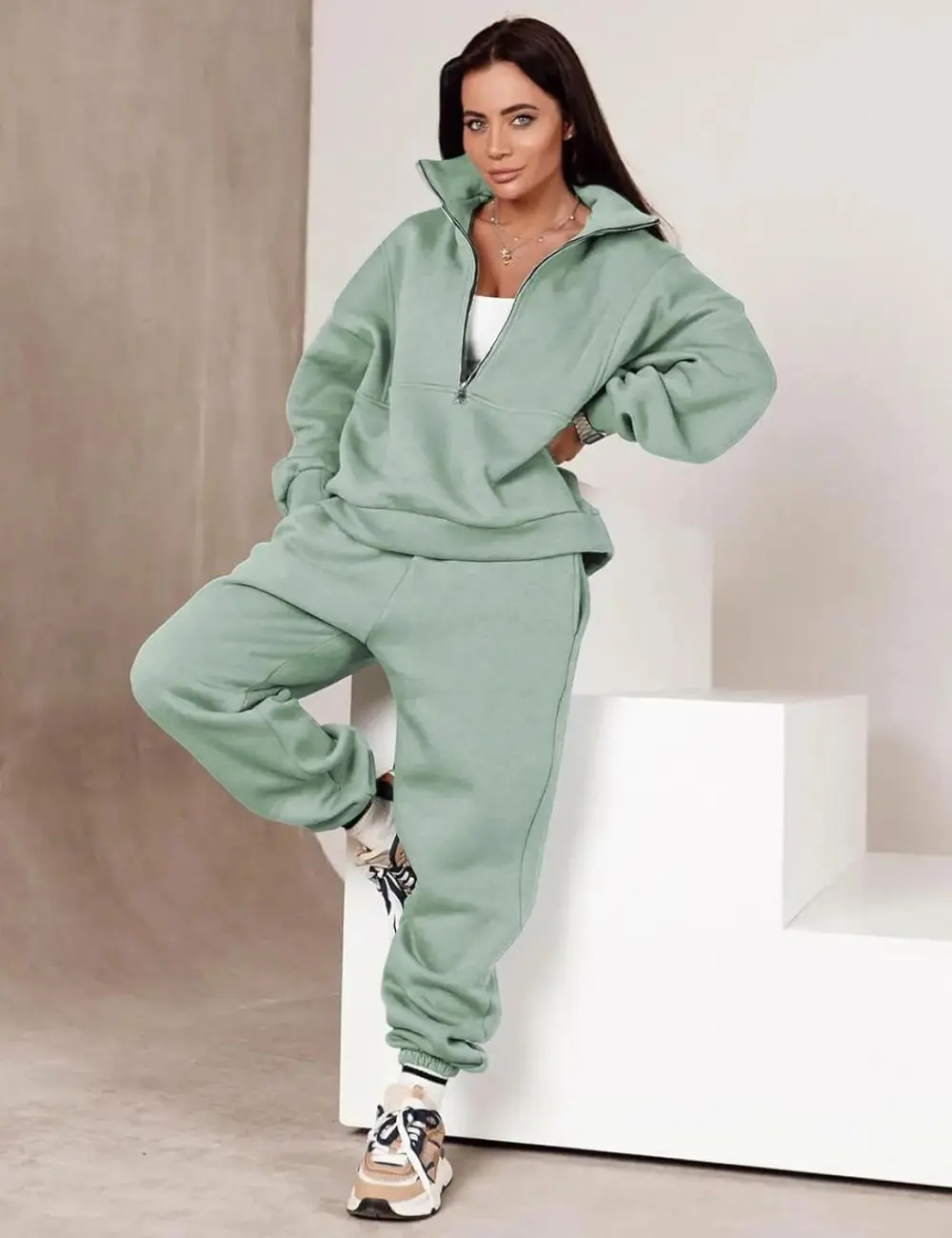 2 Piece Half Zip Sweatsuits Fleece Sweatshirt and Joggers Set Tracksuit