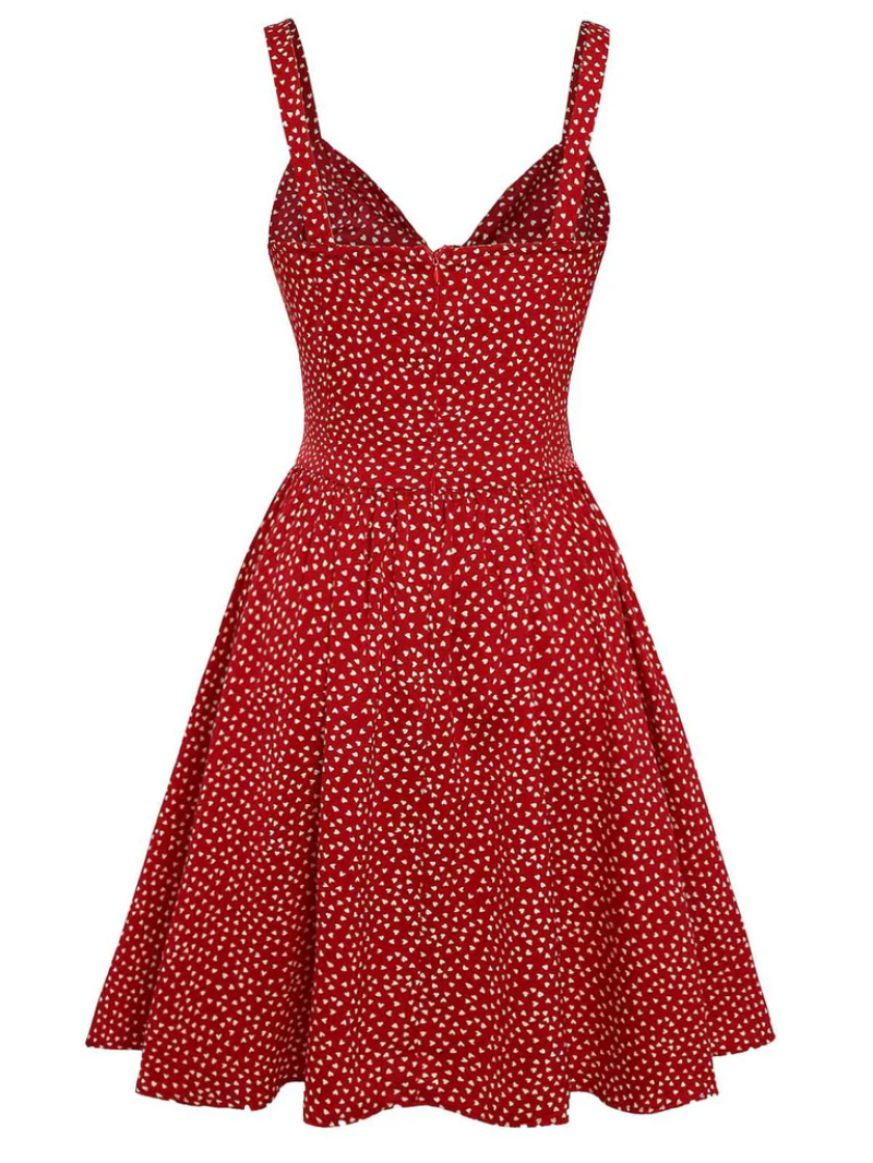 RED 1950S SPAGHETTI STRAP HEART PRINT DRESS