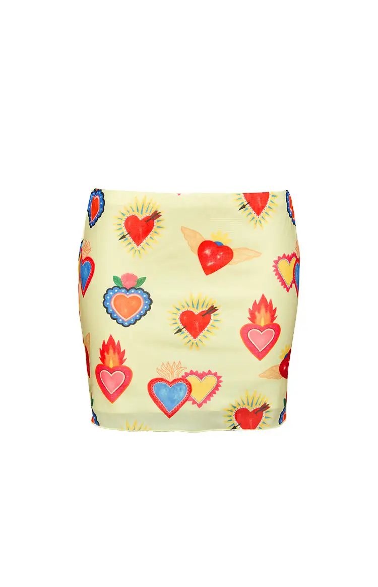 Rosaline Yellow Heart Printed Mesh Mini Skirt