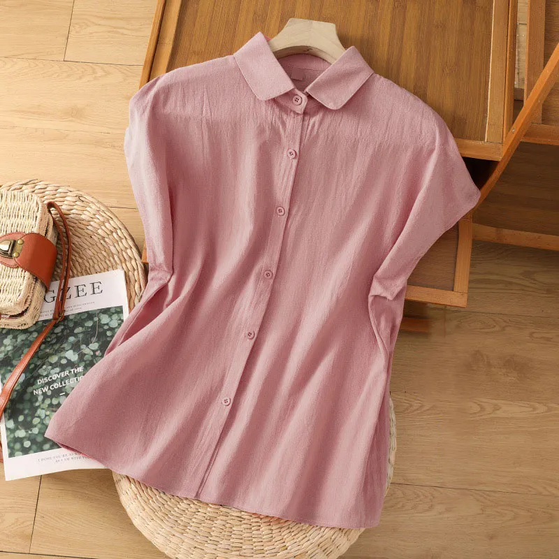 5-color doll collar cotton and linen sleeved shirt