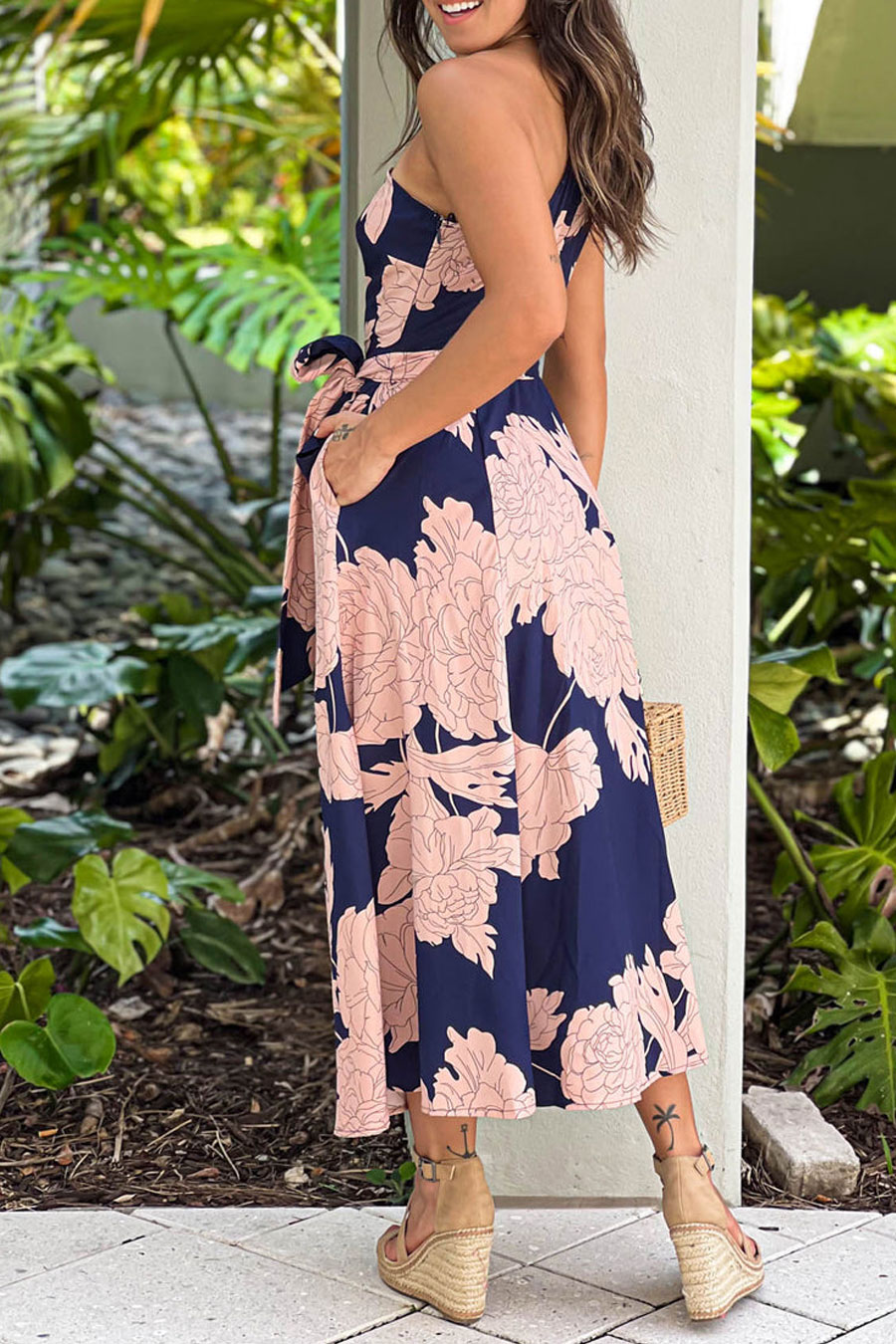 Navy Printed One Shoulder Dress