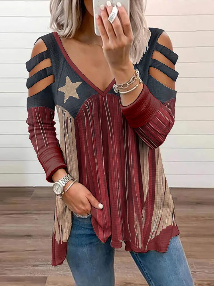 Women's Tribal Star Tassels Printed Hollow Out Casual T-Shirt