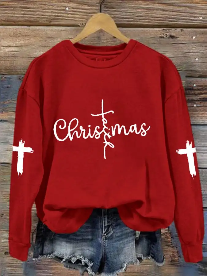 Women's Christmas Faith CRoss Print Crew Neck Sweatshirt