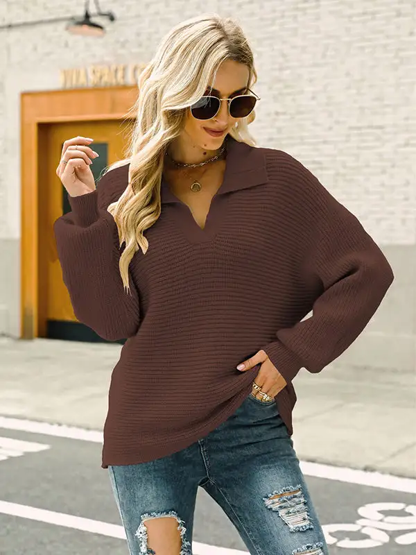 Long Sleeves Solid Color Lapel V-Neck Sweater Tops