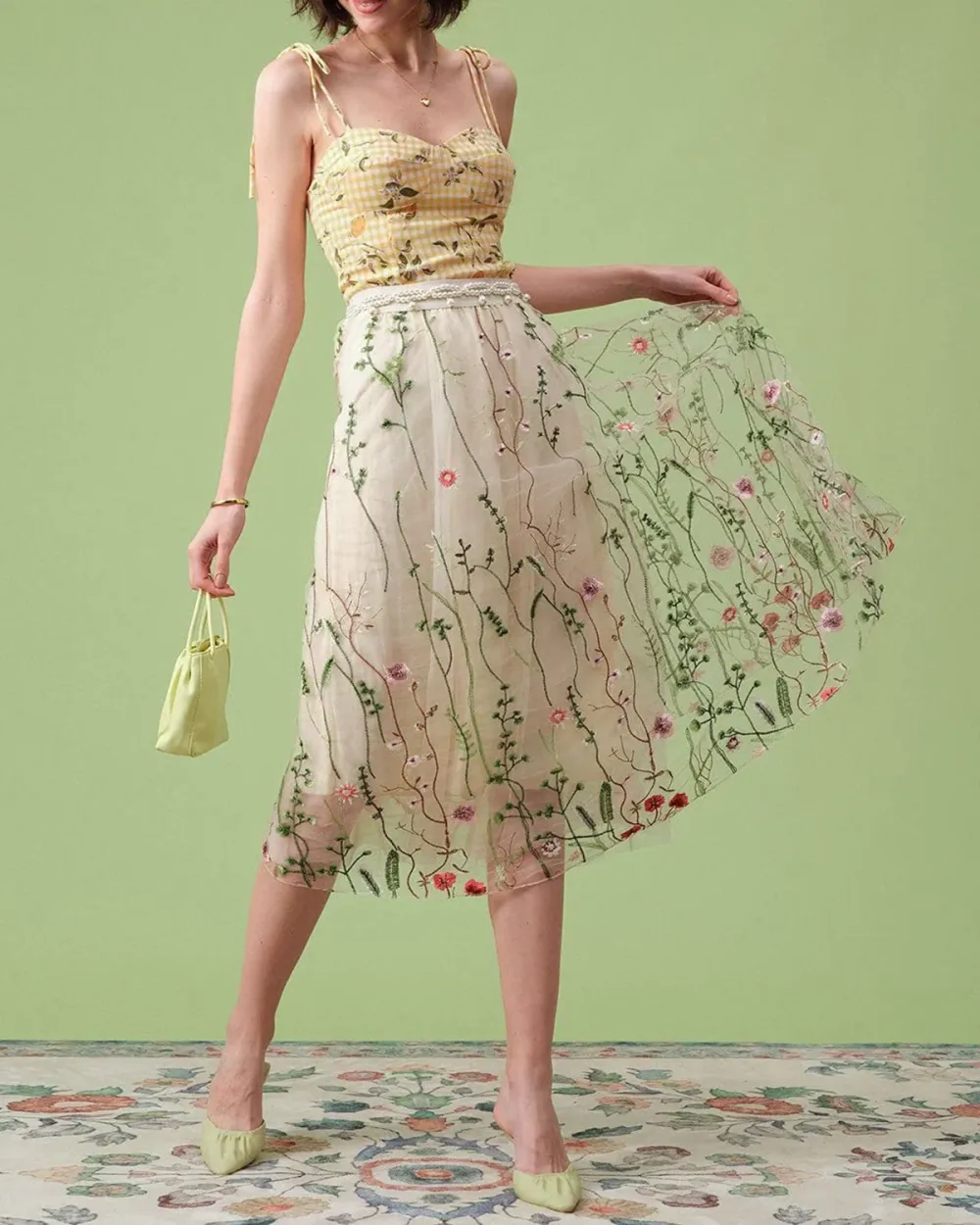 Mesh flower print skirt