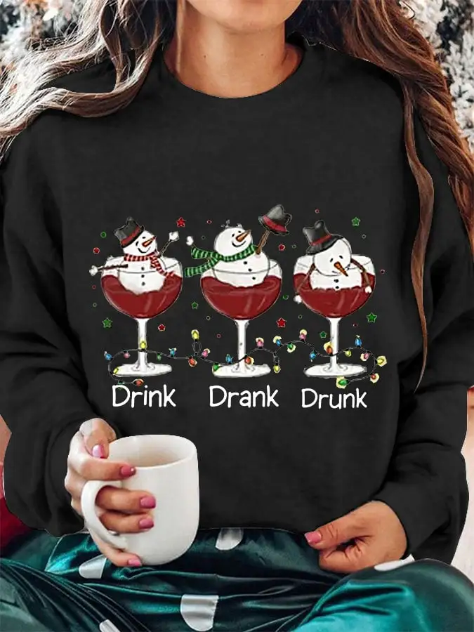 Women's Funny Christmas Drink Drank Drunk Snowman Red Wine Glass Casual Sweatshirt