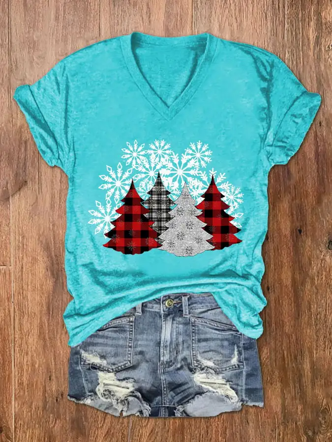 Women's Check   Tree Print V-Neck T-Shirt