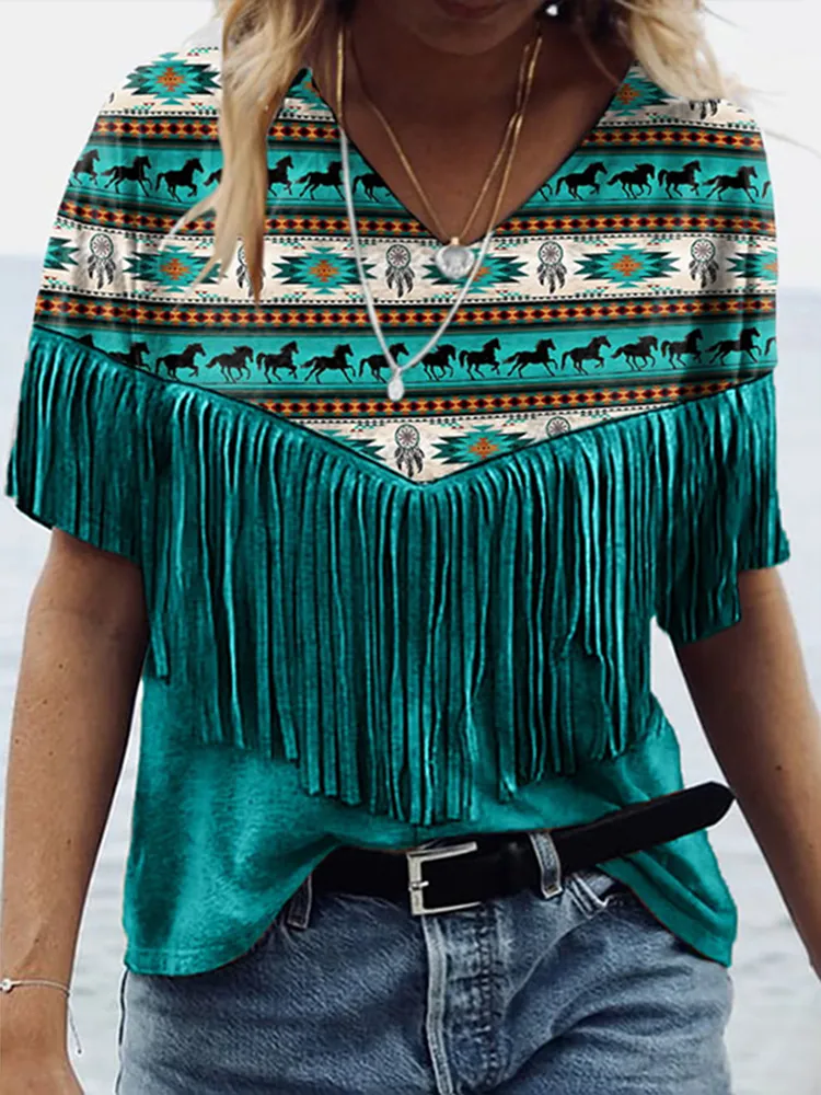 Western Fringe Print V-Neck Casual T-Shirt