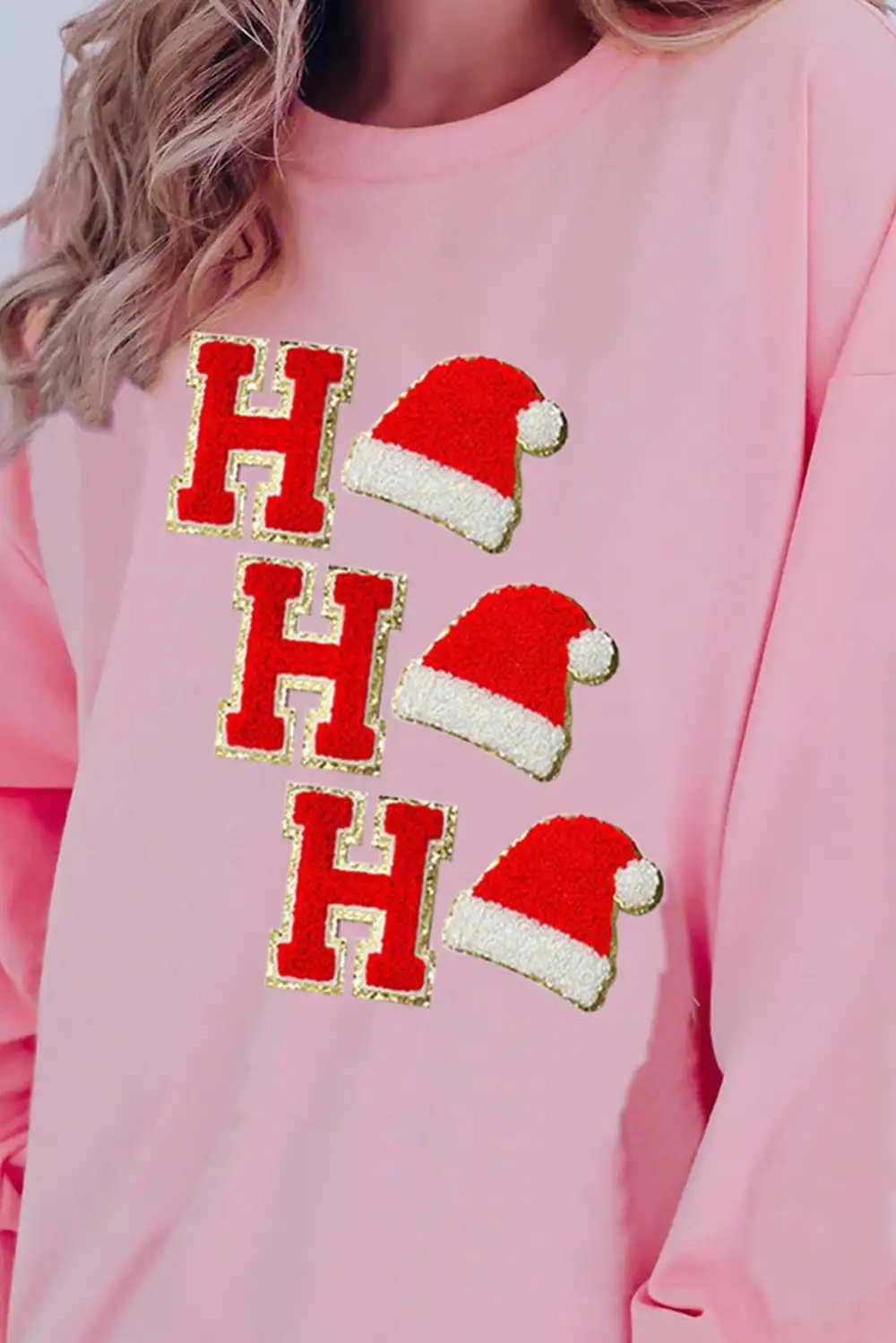 Light Pink Sequin Christmas Hat HO HO HO Graphic Pullover Sweatshirt