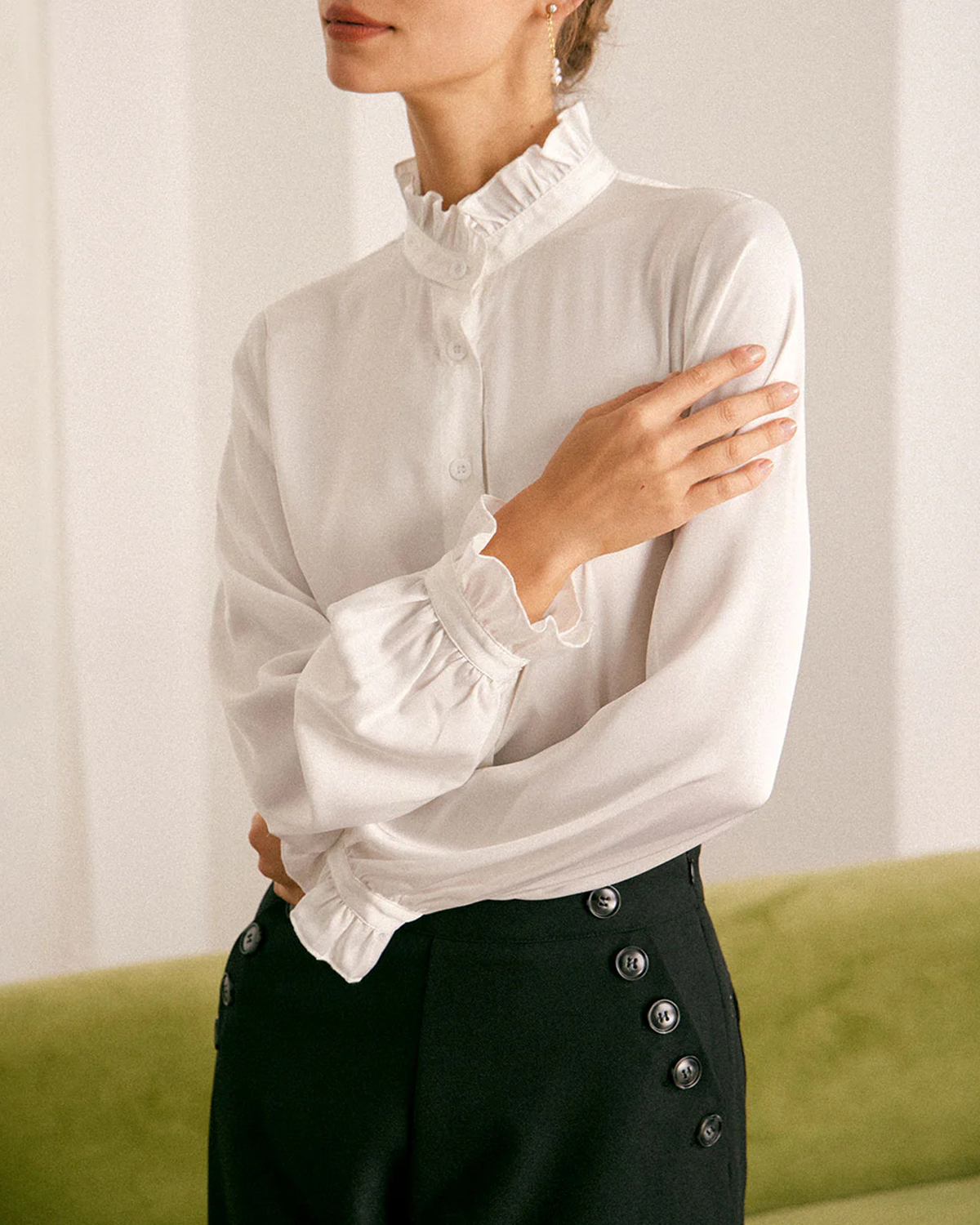 The White Mock Neck Ruffled Satin Shirt