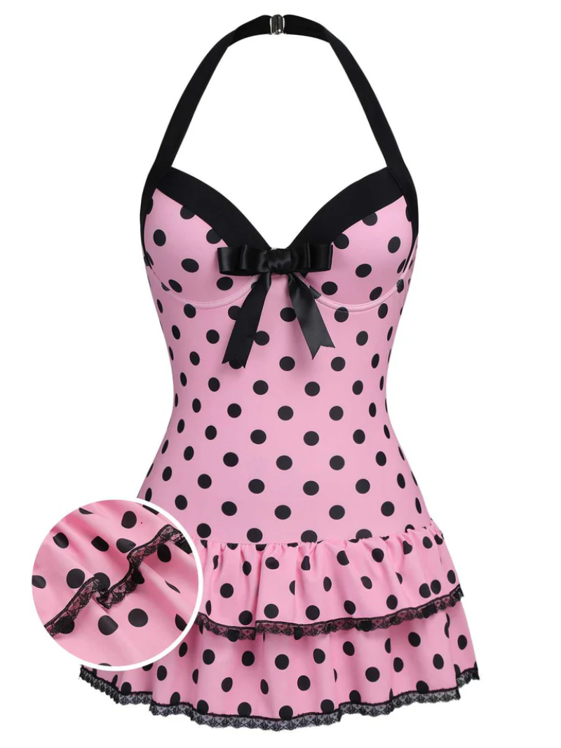 PINK 1940S HALTER POLKA DOTS BOW ONE-PIECE SWIMSUIT