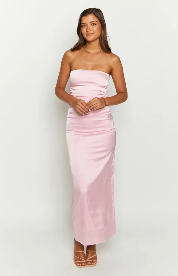 Pink Bloom Satin Strapless Maxi Dress