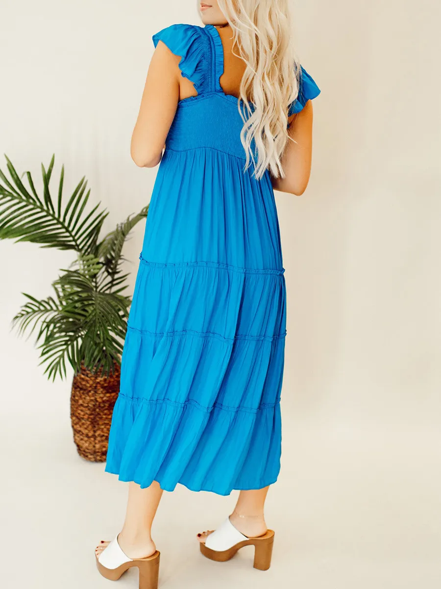 Blue pleated ruffled mid length dress