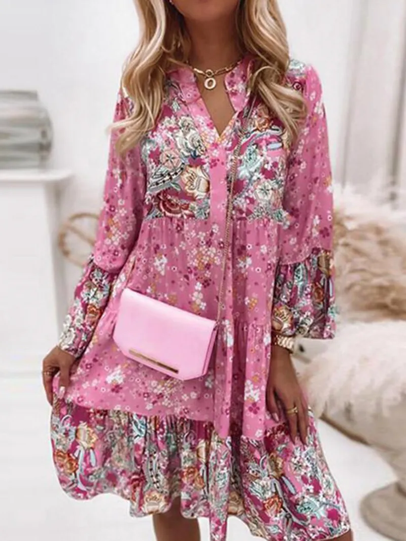 Floral Ruffle Smocked Print V Neck Casual Flare Mini Dress