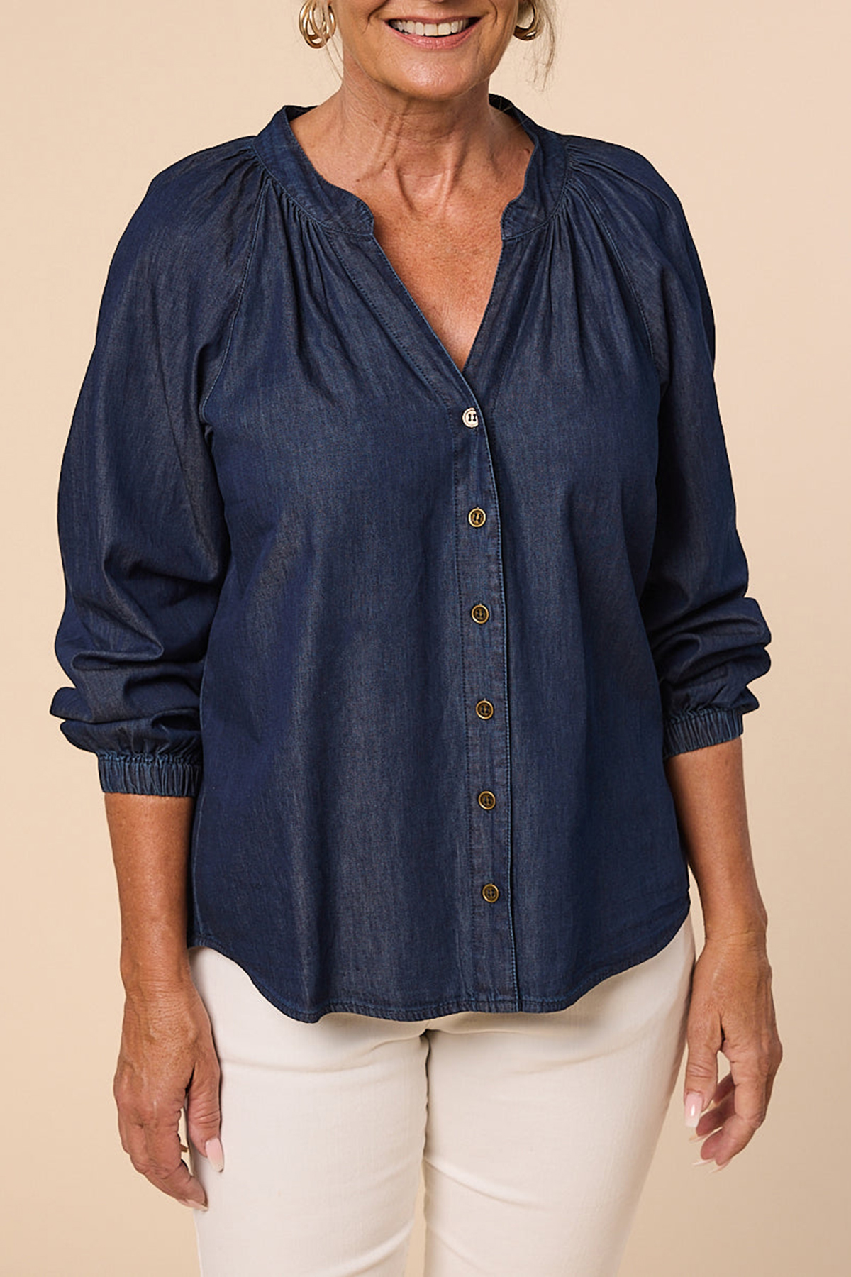 Kitty Chambray Top In Dark Wash