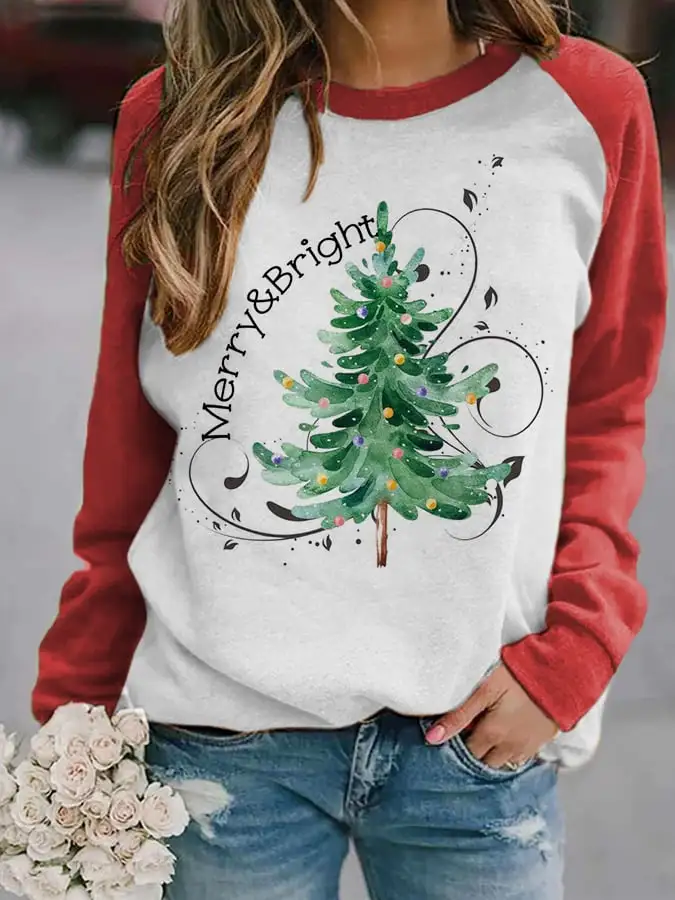 Women's Merry And Bright   Tree🎄 Print Casual Sweatshirt