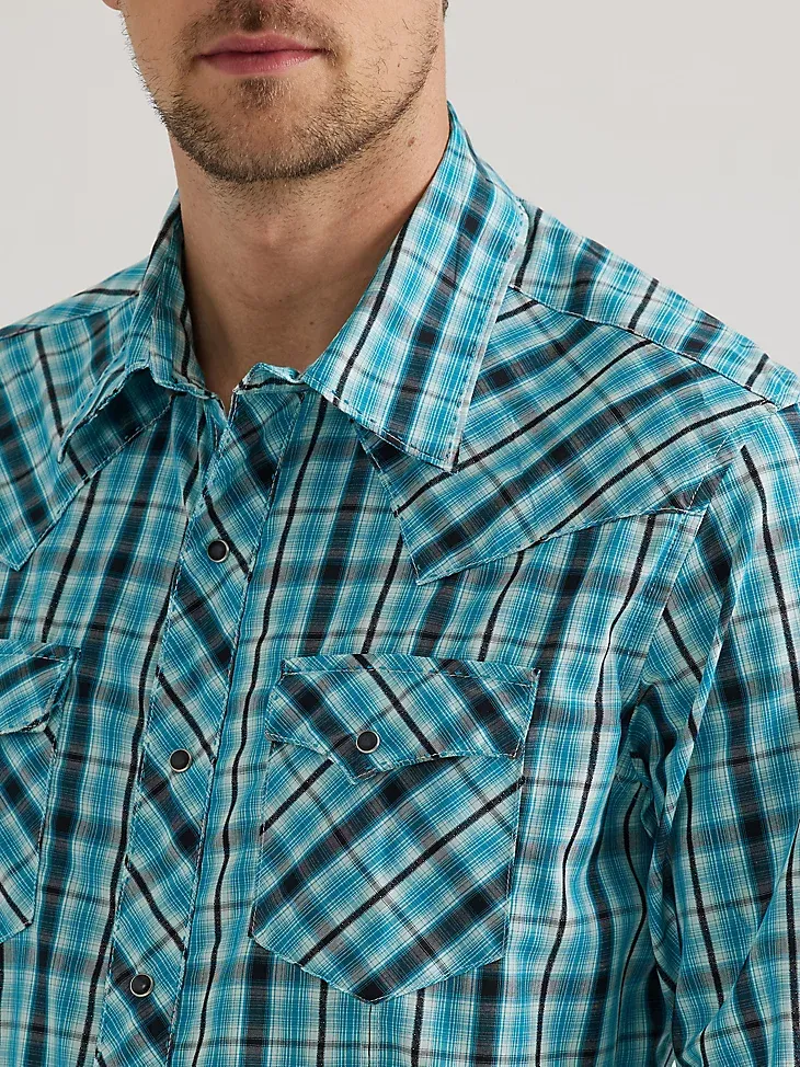 MEN'S LONG SLEEVE FASHION WESTERN SNAP PLAID SHIRT IN STRONG BLUE