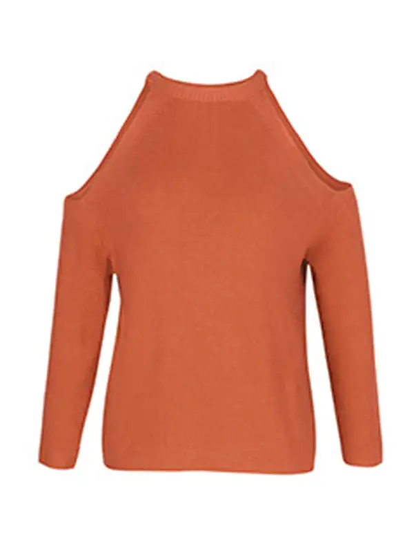 Casual Solid Color Round-Neck Cold Shoulder Long Sleeves Knitted Sweater