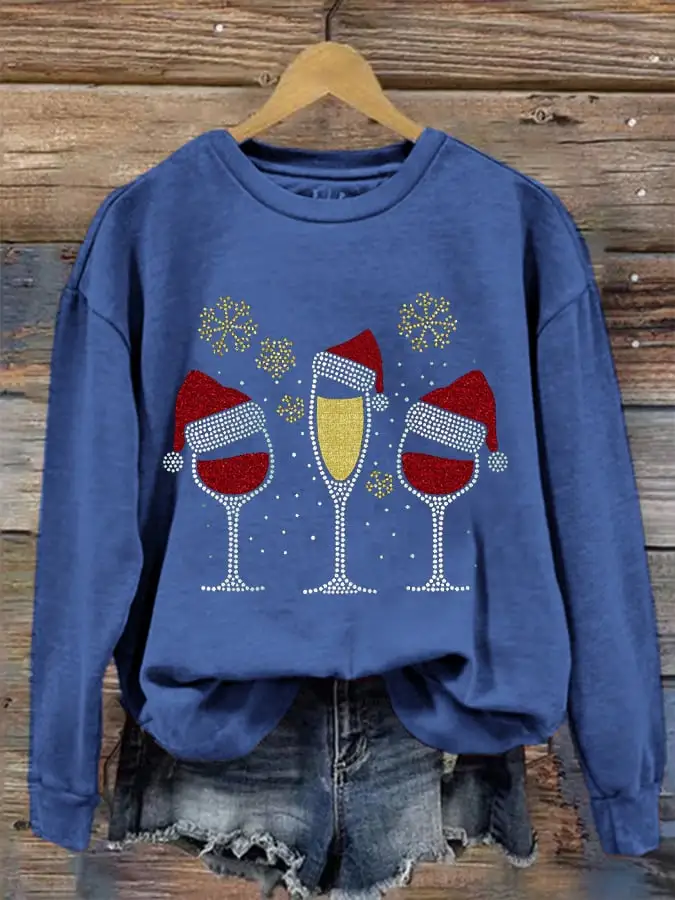 Women's Christmas wine glass print sweatshirt