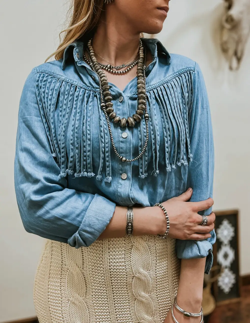 Yoke Fringe Denim Button-Up