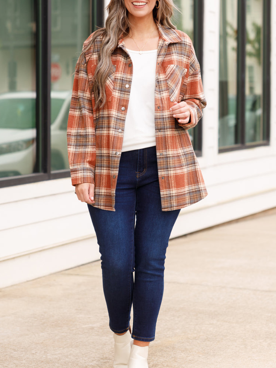 Orange red plaid pocket jacket