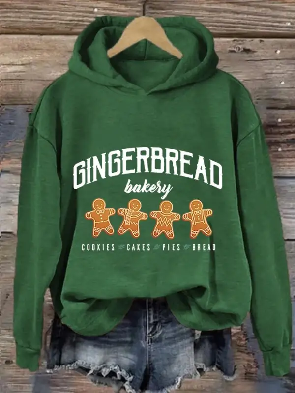 Women's Gingerbread Bakery Cookies Cakes Pies Bread Print Casual Hooded