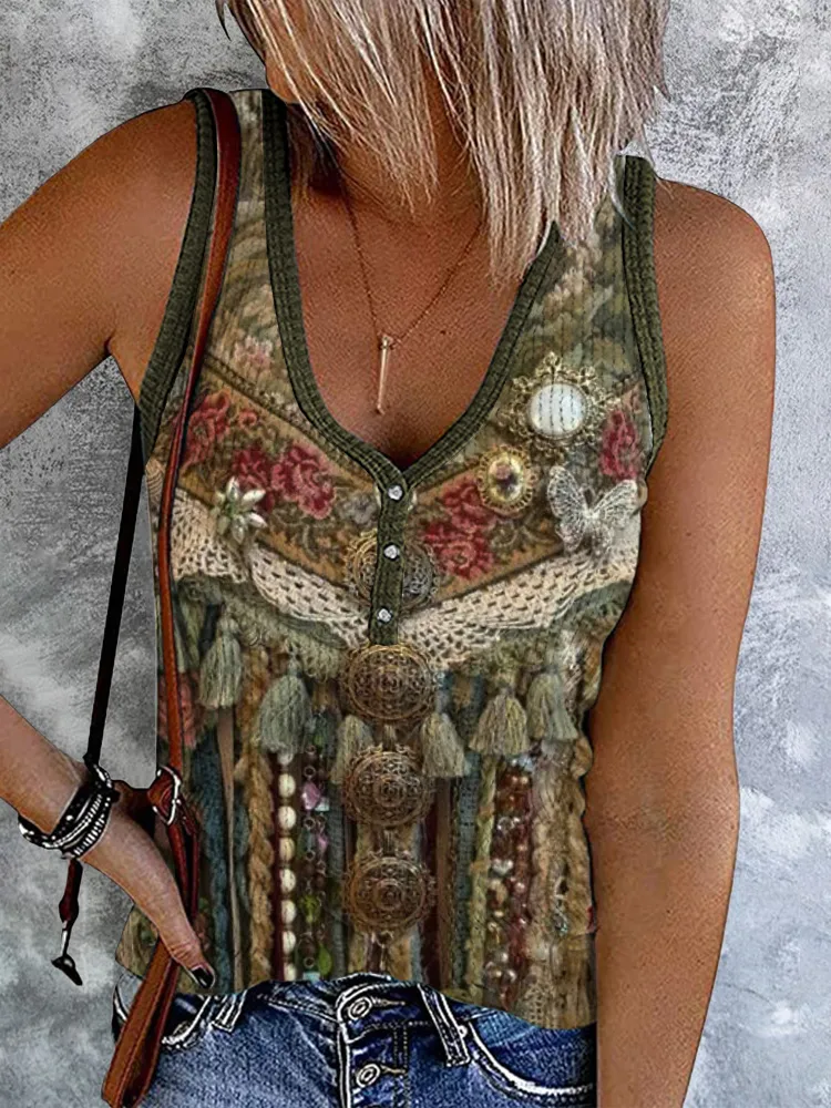 Western Tribal Print Button Casual Tank Top