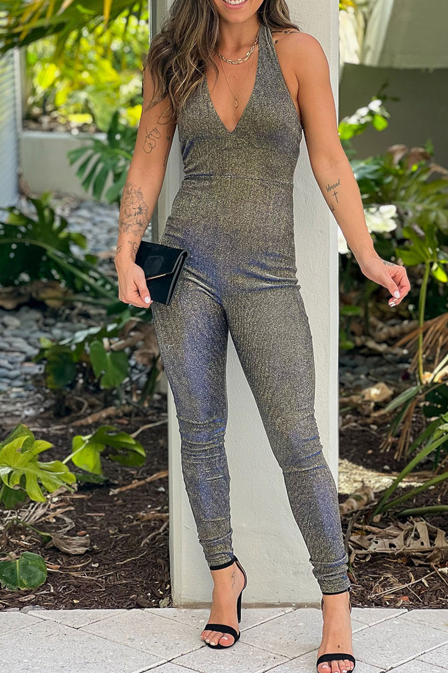 Black Glitter Halter Neck Jumpsuit