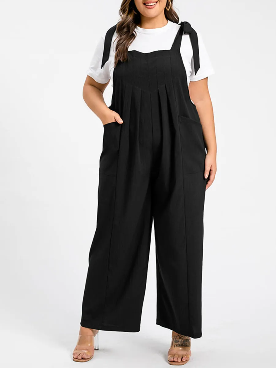 Plus Black Tie Shoulder Pocket Ruched Cami Jumpsuit