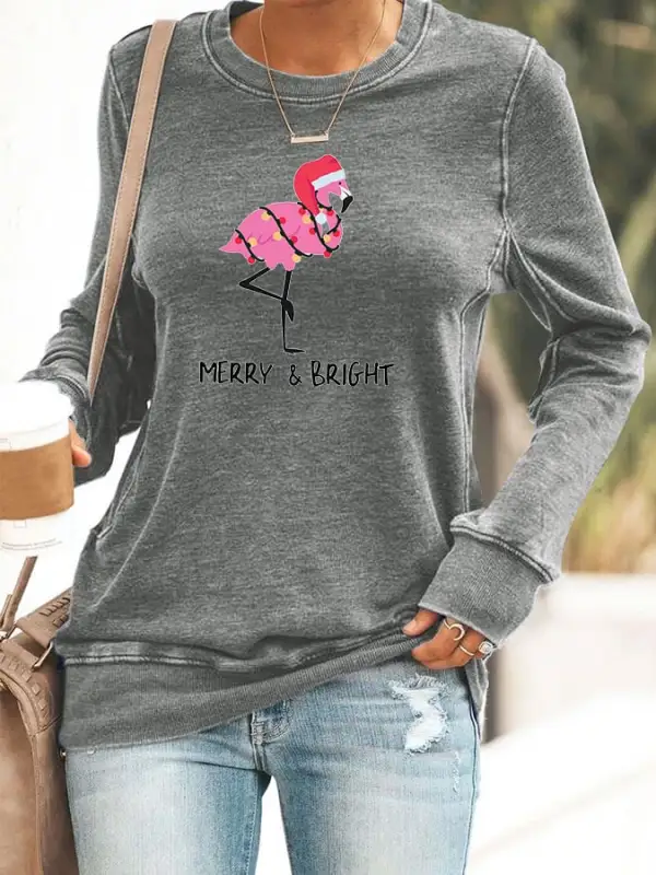 Women's Christmas Merry And Bright Flamingo Print Casual Sweatshirt