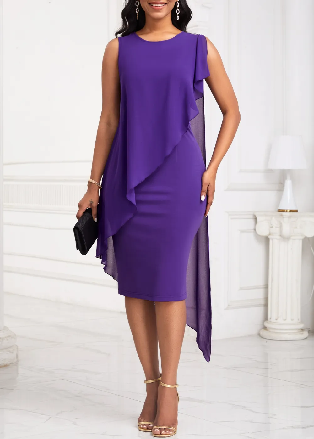 Patchwork Purple High Low Sleeveless Round Neck Bodycon Dress