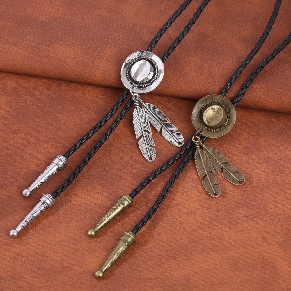 Western Hat Feather Bolo Tie Cord Pendant Necklace