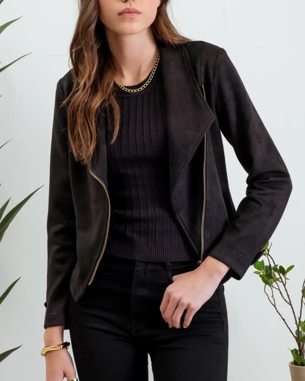 Faux Suede Zip Up Moto Jacket - Black