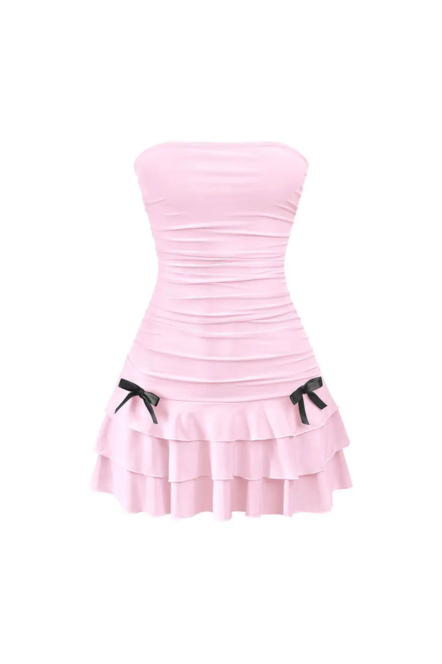 Coquette Strapless Ruched Ruffle Mini Dress With Bow Detail