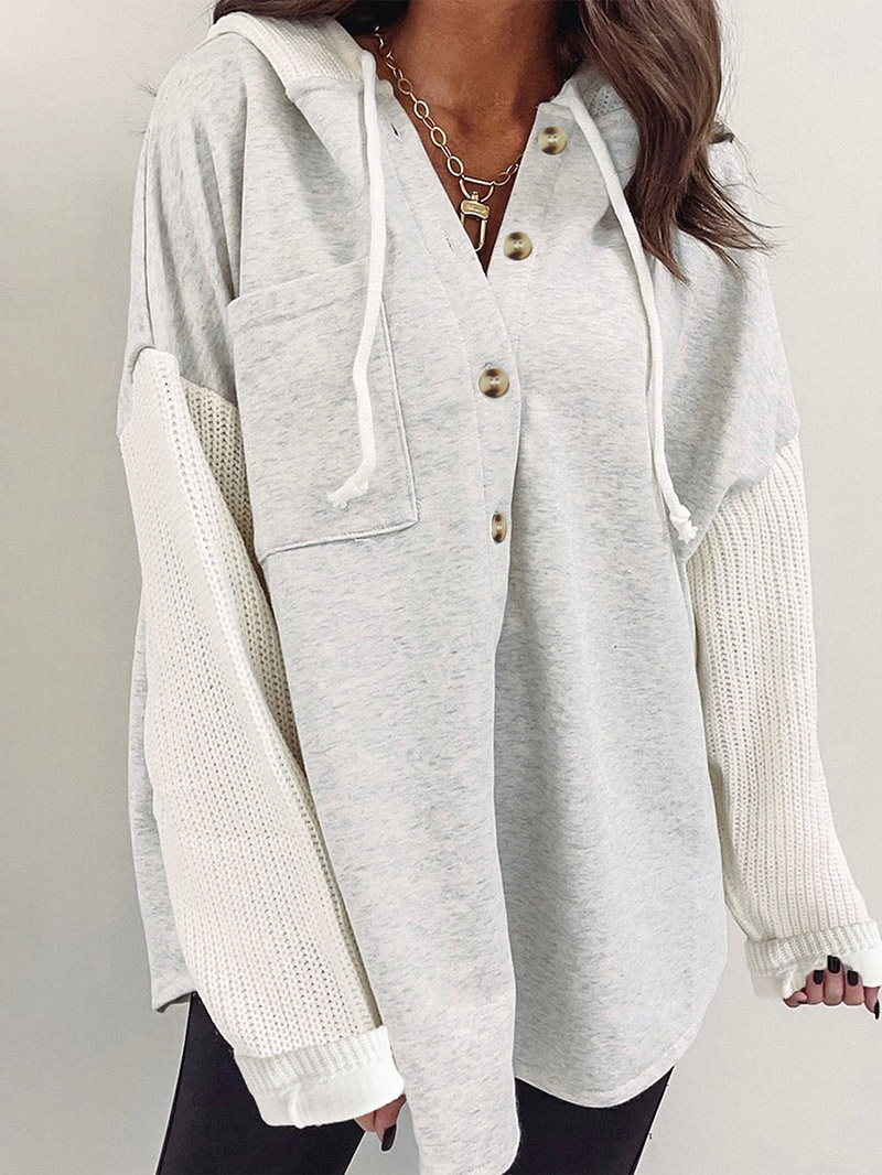 Gray Button Up Contrast Knitted Sleeves Hooded Jacket