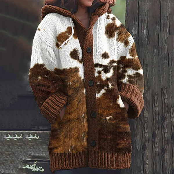 Western Cowhide Printed Knitted Hooded Cardigan