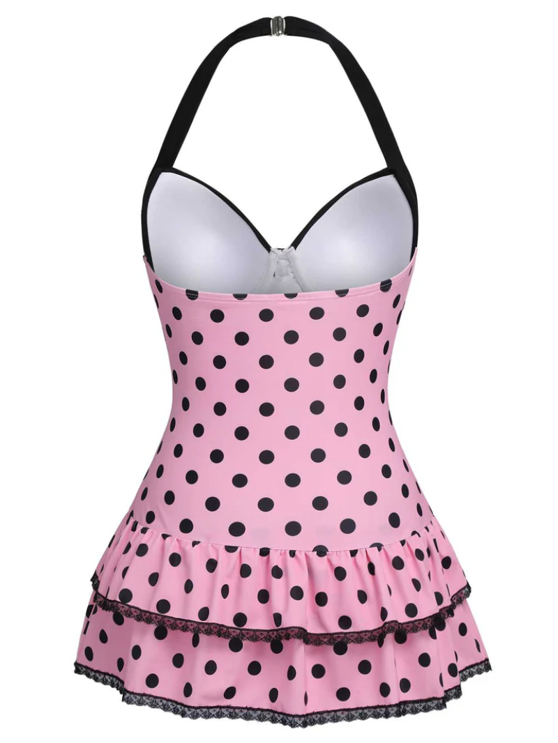 PINK 1940S HALTER POLKA DOTS BOW ONE-PIECE SWIMSUIT