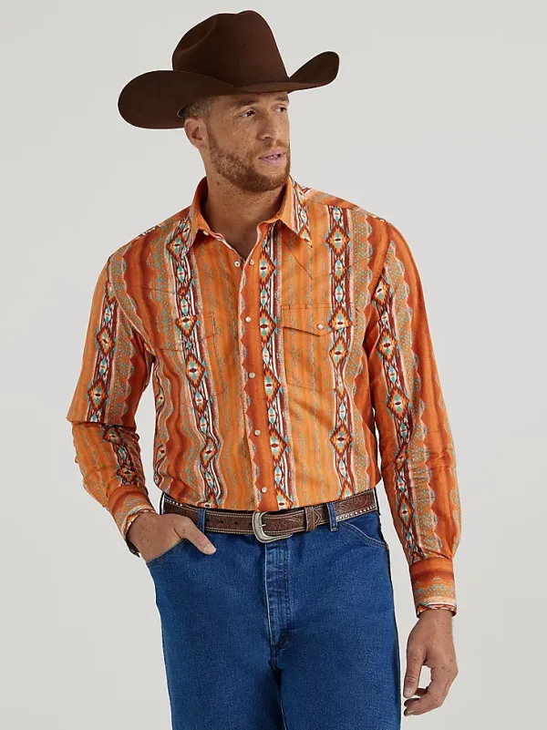 MEN'S CHECOTAH® LONG SLEEVE WESTERN SNAP PRINTED SHIRT IN RUST