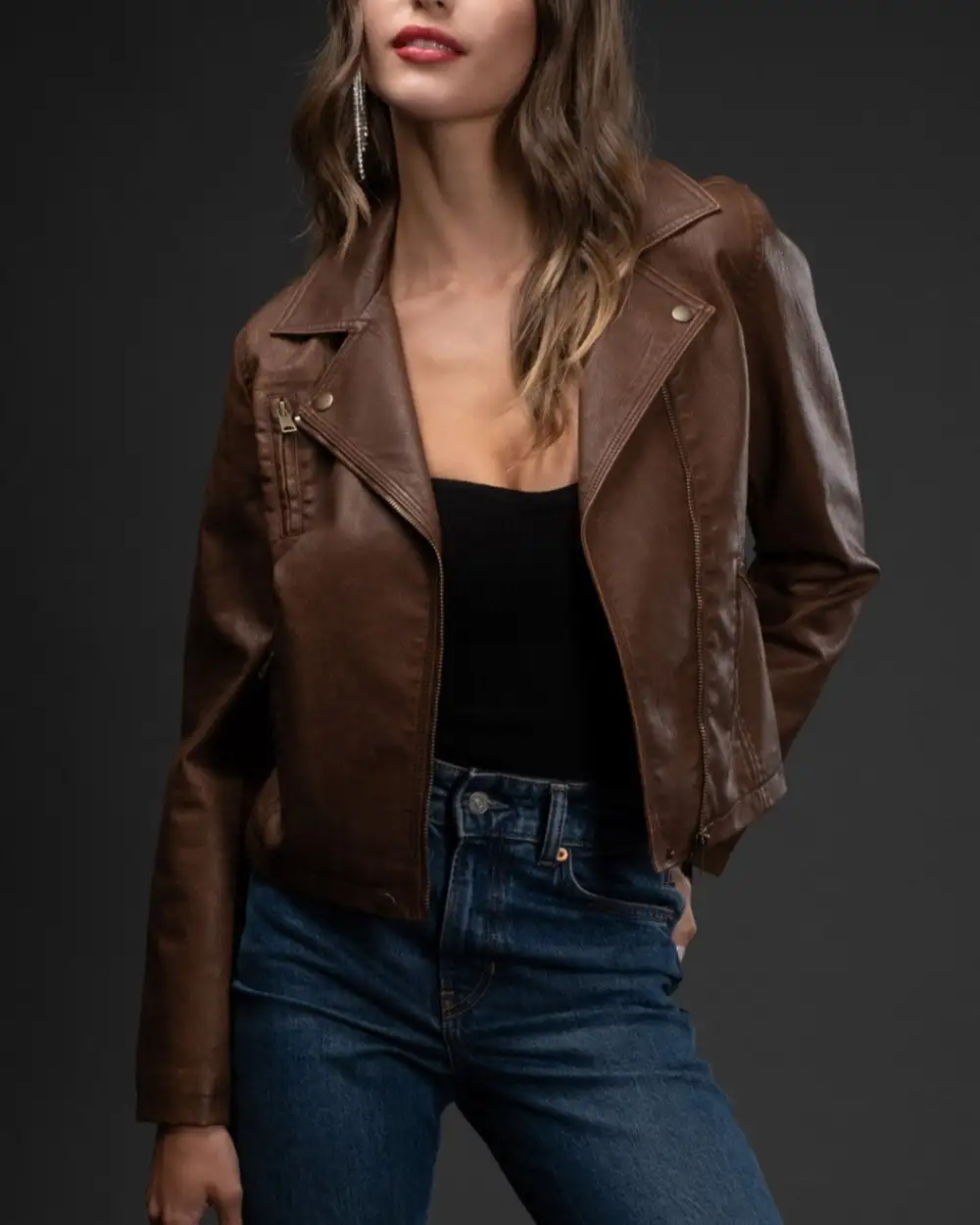 Faux Leather Moto Jacket - Brown