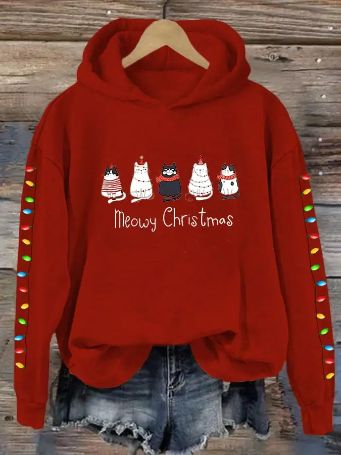 Women's Meowy Christmas Merry Christmas Cat Lover Lantern Printing Casual Hoodie