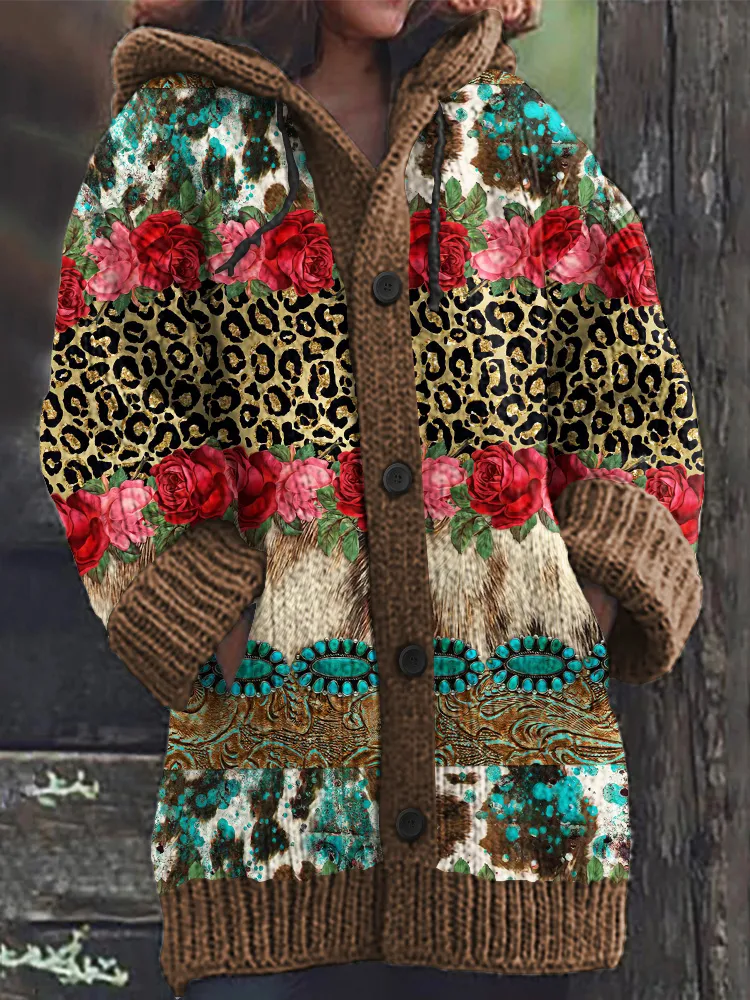 Vintage Western Printed Knitted Hooded Cardigan