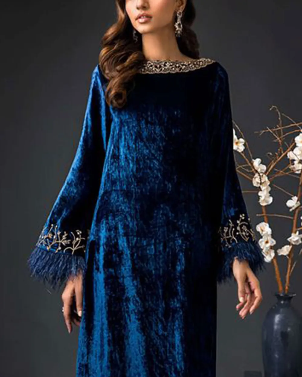 Vintage embroidered velvet feather kaftan