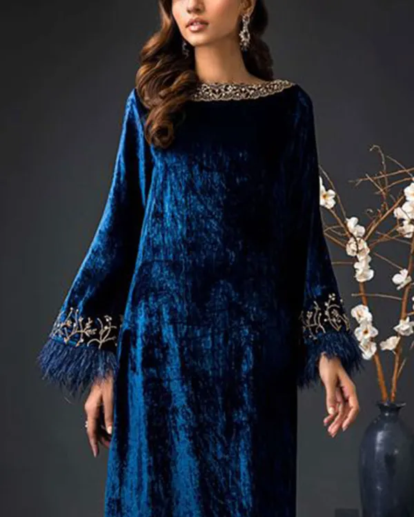 Vintage embroidered velvet feather kaftan