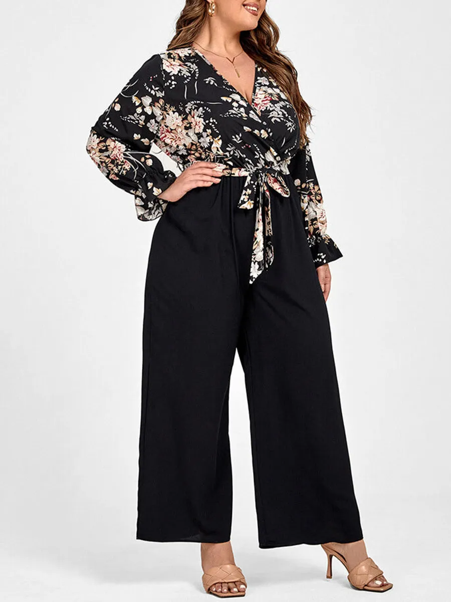 Plus Floral Patchwork Wrap Belted Pocket Jumpsuit