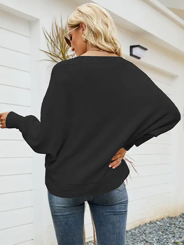 Loose Batwing Sleeves Twist Solid Color V-Neck Sweater Tops