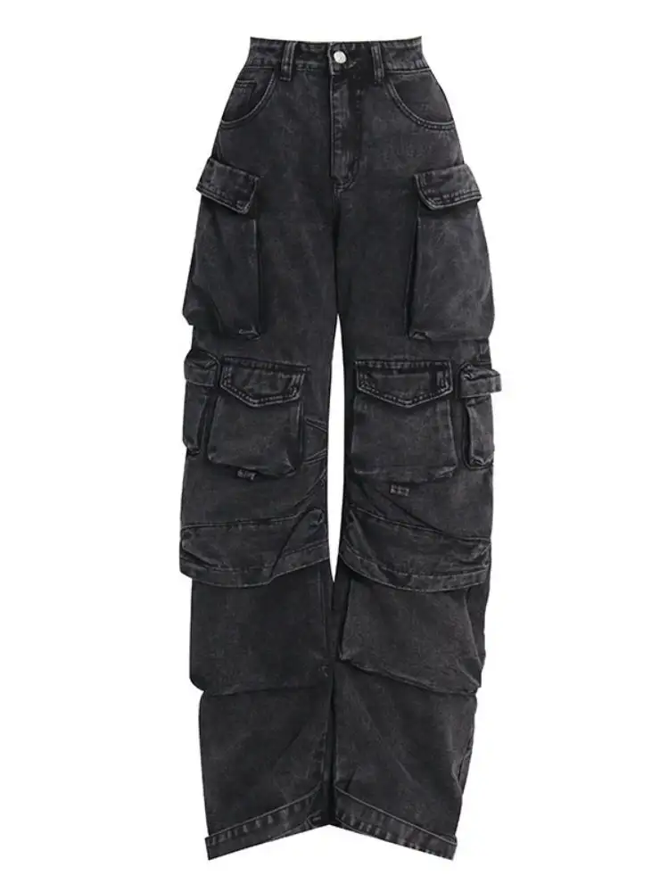 Smoke-gray Stitching Multi-pocket Wide-leg Pants